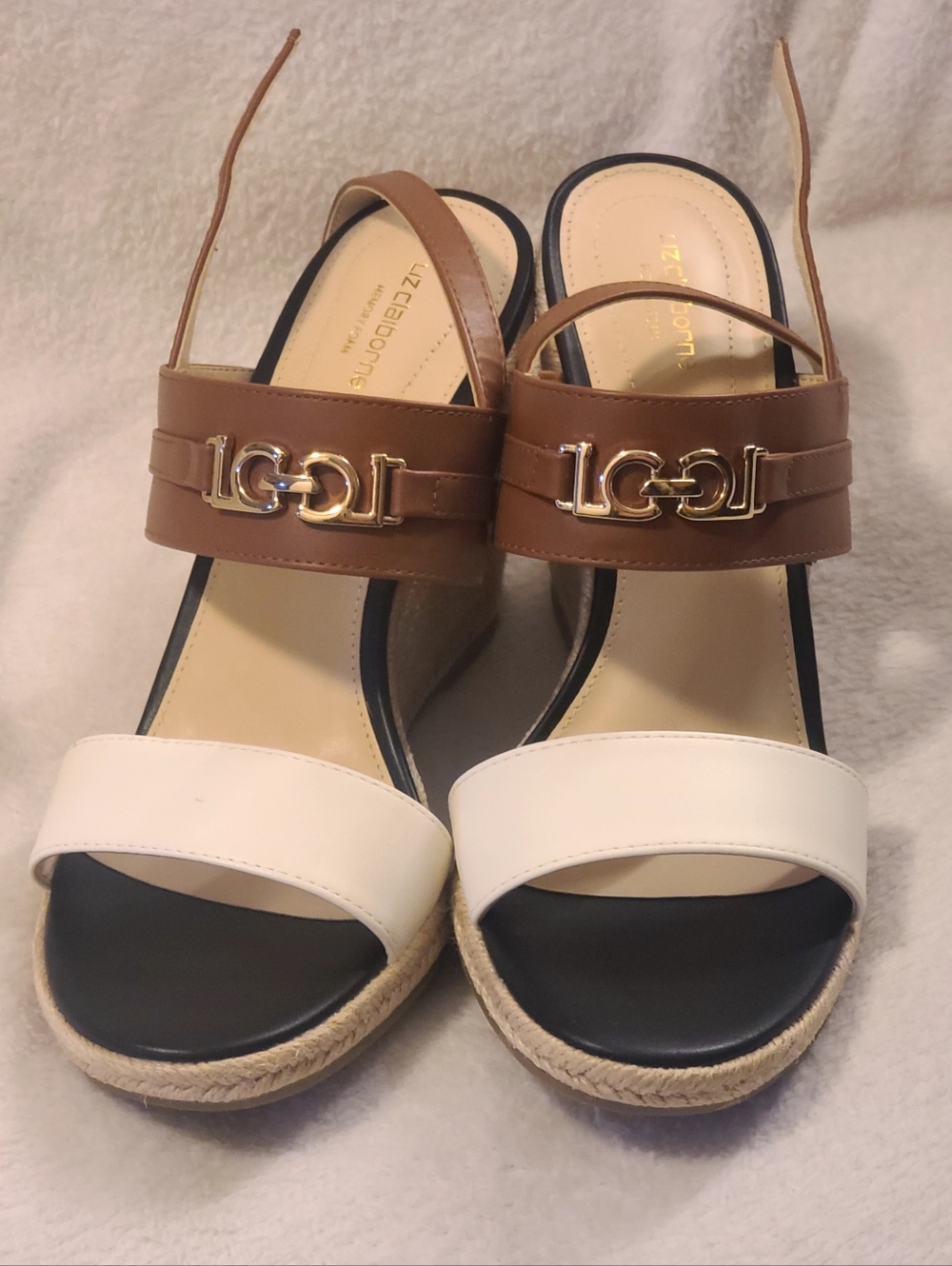 Liz Claiborne Two-Tone Espadrille Wedge Sandals in Brown & White